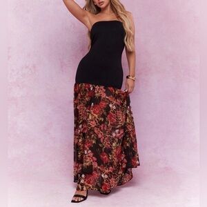 🆕Missguided Black and Floral Strapless Maxi Dress